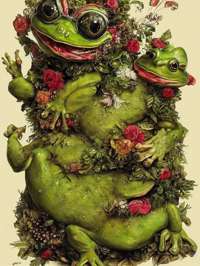 Prompt: Frog in style of Guiseppe Arcimboldo, sharp, masterpiece, artstation