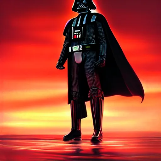 Image similar to darth vader standing still looking at the sunset concept art by doug chiang cinematic, realistic painting, high definition, concept art, portait image, path tracing, high quality, highly detailed, 8 k, red colors, high coherence, anatomically correct, hyperrealistic, concept art, defined face, five fingers, symmetrical