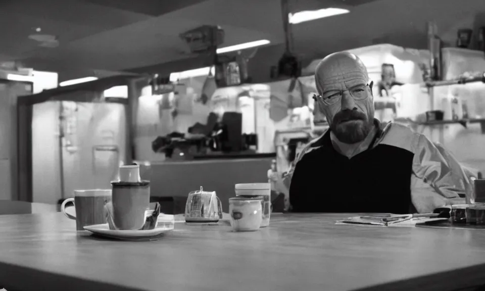 Image similar to 3 5 mm film still, walter white having a coffee break in space