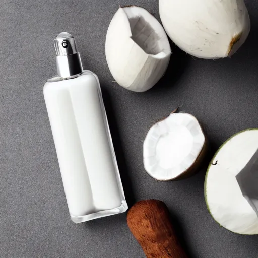 Image similar to centered white perfume bottle next to halved - coconuts, with white crisp zen modern minimalist bacgkround, illumination lighting, sharp focus, vogue, hartper's bazaar