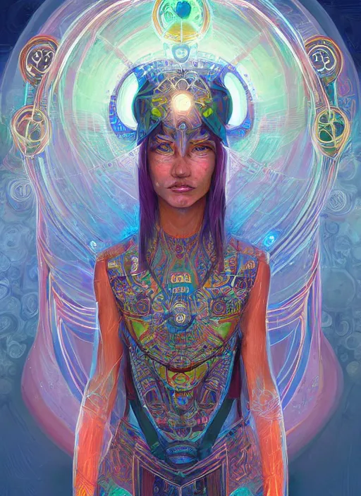 Image similar to portrait of a future metaverse ayahuasca tech shaman warrior, 2 d cartoon, visionary art, symmetric, magick symbols, holy halo, shipibo patterns, sci - fi, concept art, trending on art station, 8 k digital art, by mandy jurgens, fantasy portrait art, anime