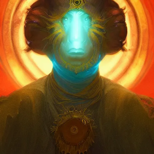 Image similar to bioluminescence portrait of a male wizard of the sun, D&D, fantasy, elegant, pale, highly dvetailed, digital painting, artstation, concept art, smooth, sharp focus, illustration, art by artgerm and greg rutkowski and alphonse mucha