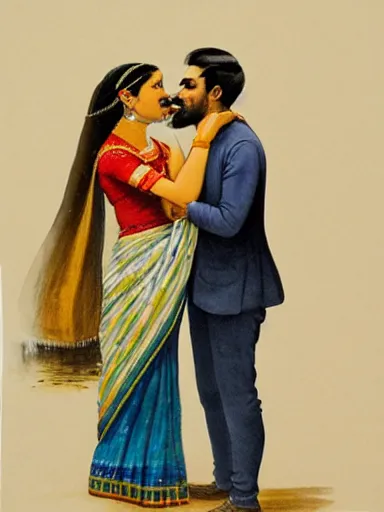 Image similar to water color painting, artwork by raja ravi varma, of a solo individual portrait of a guy and a girl kissing, dapper, simple illustration, nostalgic, in love, full of details