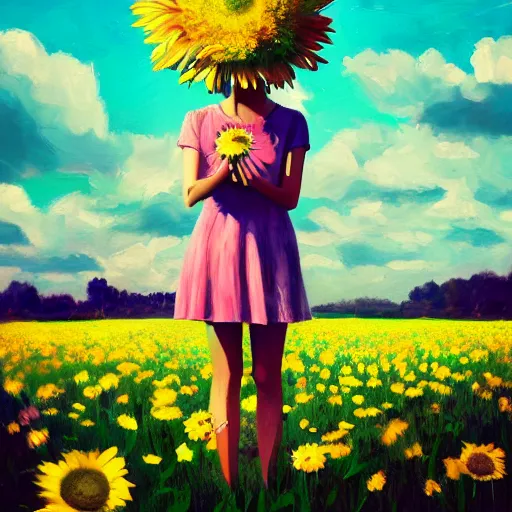 Image similar to giant daisy flower head, girl standing in a flower field, surreal photography, sunrise dramatic light, impressionist painting, colorful clouds, digital painting, artstation, simon stalenhag, flower face