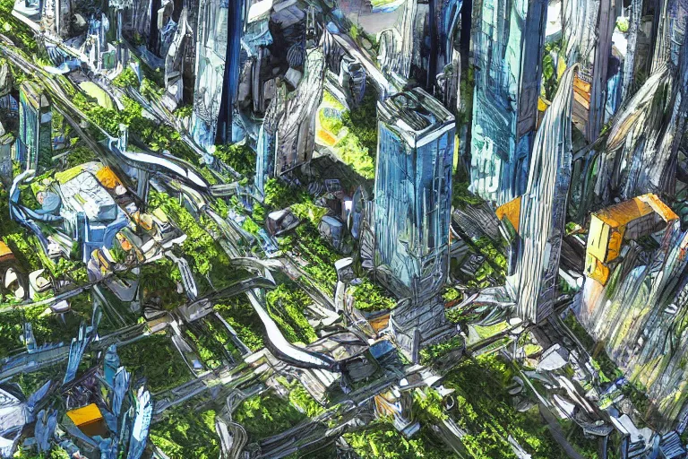 Image similar to birds eye view of a gigantic drift wood monster looming over a bright and lush futuristic city by Makoto Aida