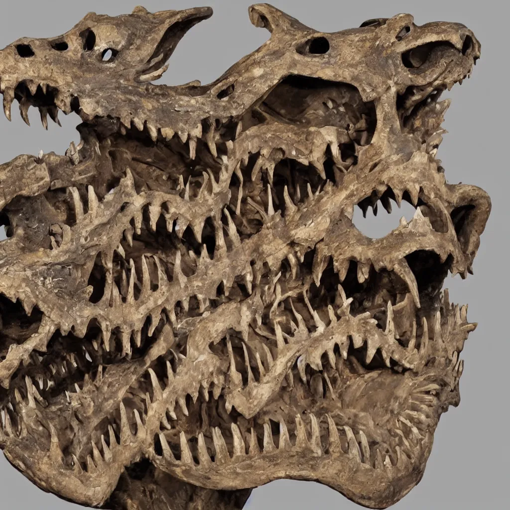 Image similar to a fossilized Chinese dragon skeleton, museum photo