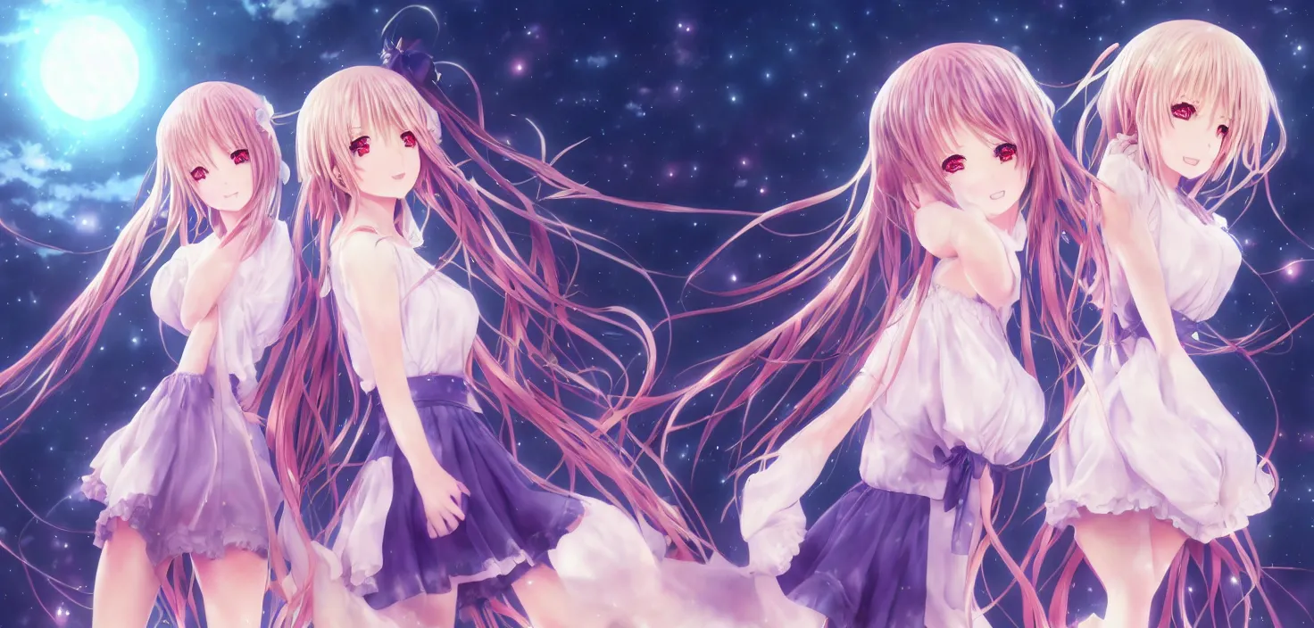 Image similar to two beautiful anime girls wear anime dress in festival | | sunny night, full moon, dreamlike art, realistic shaded, smile, good looking, hyper details, 4 k realistic, cryengine, realistic shaded lighting poster by artgerm, ross tran, fuji choko, 8 k resolution, trending on artstation, luxury