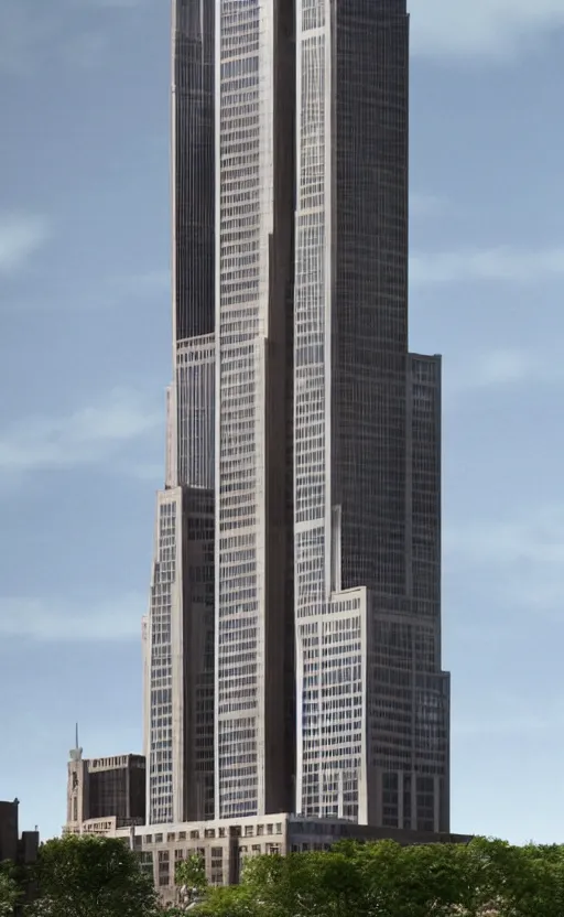Image similar to the sears tower in chicago redesigned by frank lloyd wright