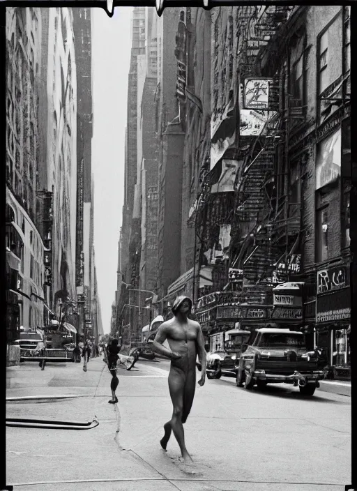 Image similar to film still, tarzan walk on the street of new york, symmetrical, 8 k, medium - format print, half body shot