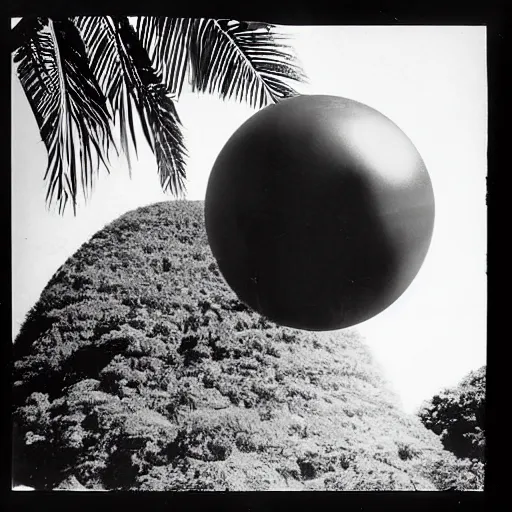 Prompt: a rizom lost film footage of a sphere in the middle of the tropical jungle / tribalism / modernism / film still / cinematic / enhanced / 1 9 2 0 s / black and white / grain