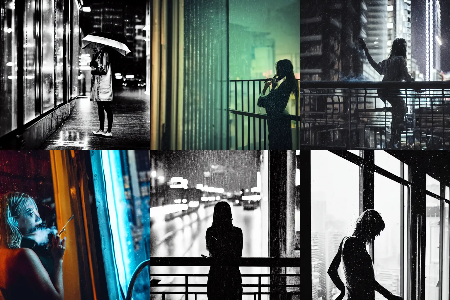 Prompt: side view portrait photo of a woman leaning on a balcony railing in the rain, tired expression, smoking a cigarette, looking out at a futuristic city with a few neon signs at night in the rain, candid photo, 55mm lens, hdr, 8k