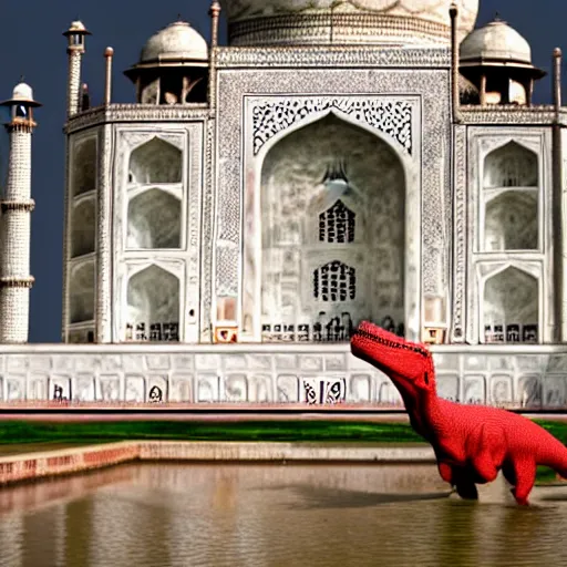 Image similar to a photo of t-rex roaming around the Taj Mahal long shot iso 100_