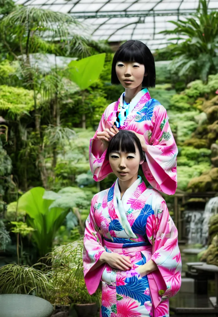 Image similar to photograph of a young Japanese woman wearing a pretty kimono in a tropical greenhouse, by Annie Leibowiz, extremely detailed, 4K, 85mm lens, photorealistic
