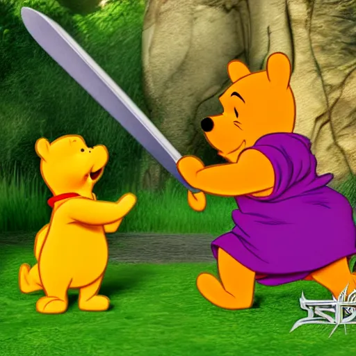 Prompt: Winnie the Pooh fighting Sephiroth, ps2 graphics, render, epic