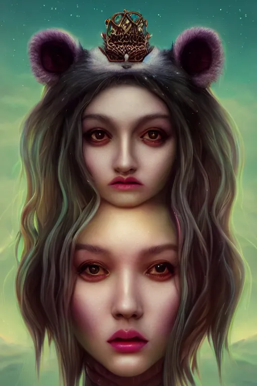 Image similar to digital portrait of an eloquent alien panda bear queen, straight on, full body character concept art, concept art, by artgerm, tom bagshaw, gerald brom, vaporwave colors, lo fi colors, vaporwave, lo fi, 4 k, hd, rendered with substance designer, small details,