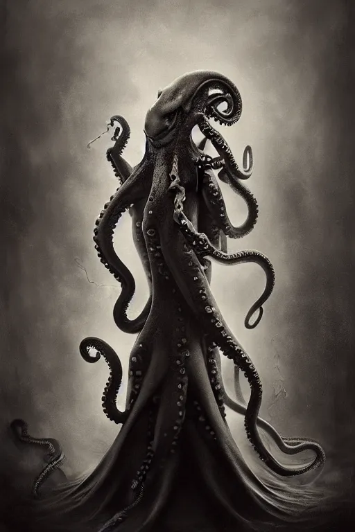 Prompt: wet plate photograph of an anthropomorphic octopus dressed in a victorian - era ballgown, dramatic lighting, highly detailed, digital painting, artstation, concept art, smooth, sharp focus, illustration, art by wlop, mars ravelo and greg rutkowski