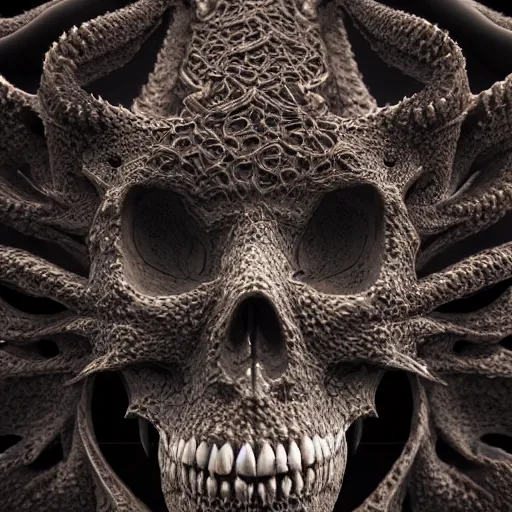 Image similar to Macro photography of fractal dragon scale, fantasy skull, intricate ornate details, mandelbrot, octane render, 8k, high quality, volumetric lighting, smooth surface render