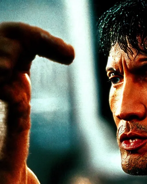 Image similar to Film still close-up shot of Dwayne Johnson as Rocky Balboa from the movie Rocky. Photographic, photography