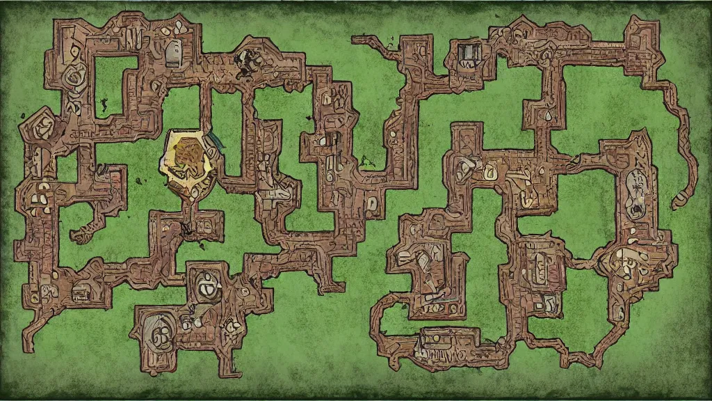 Prompt: a stylized indoor map of a dungeon in a forest for a tabletop rpg.