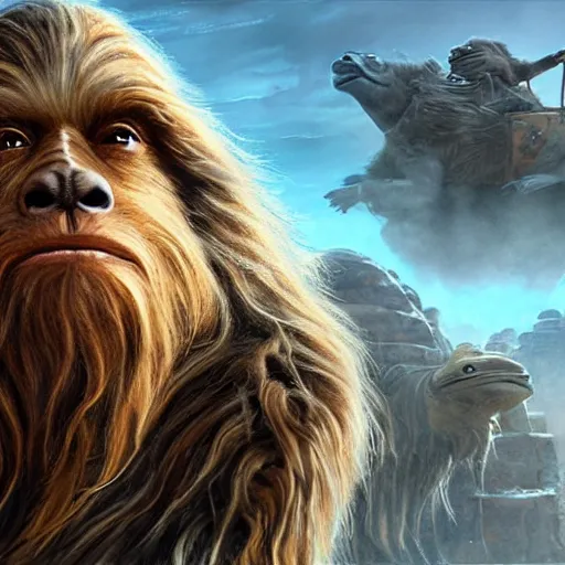 Prompt: warren buffet as a wookie from star wars riding a camel with han solo, ultra realistic, concept art, intricate details, eerie, haunting, highly detailed, photorealistic, octane render, 8 k, unreal engine. art by artgerm and greg rutkowski and charlie bowater and magali villeneuve and alphonse mucha