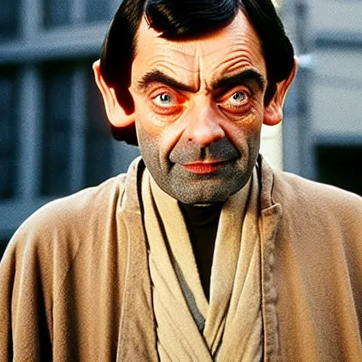 Prompt: Still of Mr. Bean as jedi master Obiwan kenobi!!!!. in Star Wars (1977). detailed eyes. medium shot, technicolor. light saber
