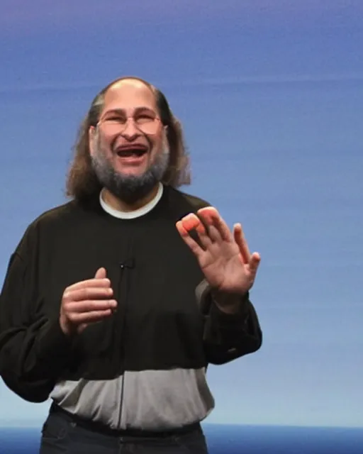 Prompt: Richard Stallman as Steve Jobs demonstrating the new iPhone during Apple keynote presentation