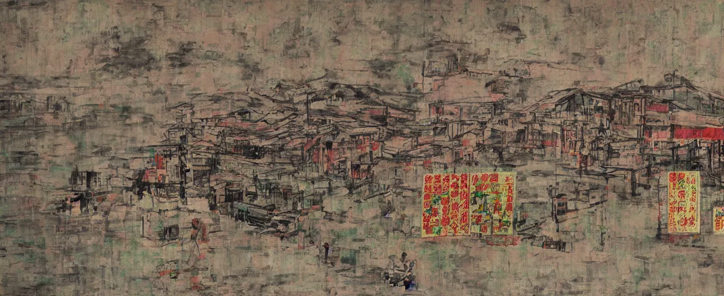 Image similar to a chinese prison near a river by peter doig, muted colors, overlaid with chinese adverts