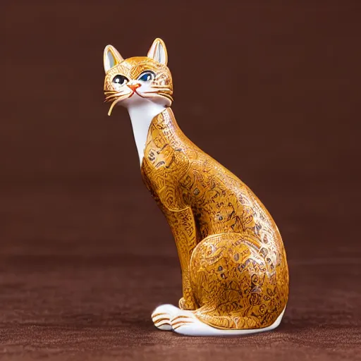 Prompt: elegant tall thin anthropomorphic cat figurine wearing a detailed kimono, hand carved brown resin, kimono robe detailed toggles, very highly detailed, petite, exquisite details, intricate, monotone, shy looking away waving one paw head turned slightly, deep focus, maneki - neko