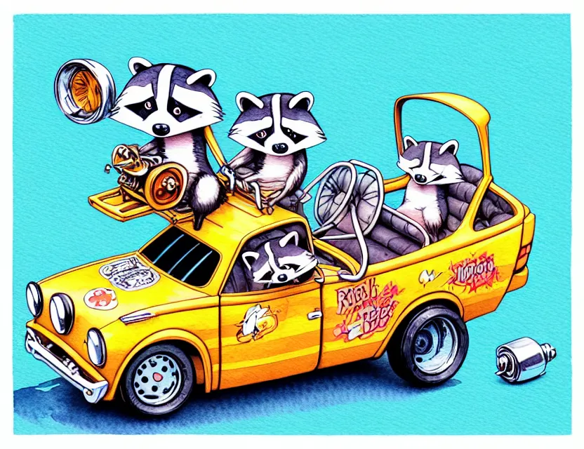 Prompt: cute and funny, racoon riding in a tiny hot rod with oversized engine, ratfink style by ed roth, centered award winning watercolor pen illustration, isometric illustration by chihiro iwasaki, edited by range murata, tiny details by artgerm and watercolor girl, symmetrically isometrically centered