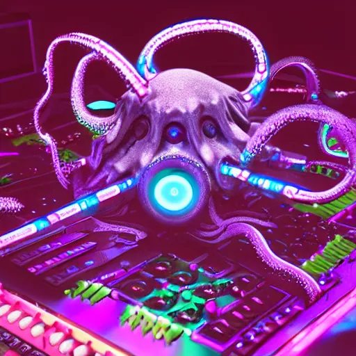 Prompt: cyberpunk octopus with headphones playing synthesizers, lights, lasers, music, highly detailed, realistic,