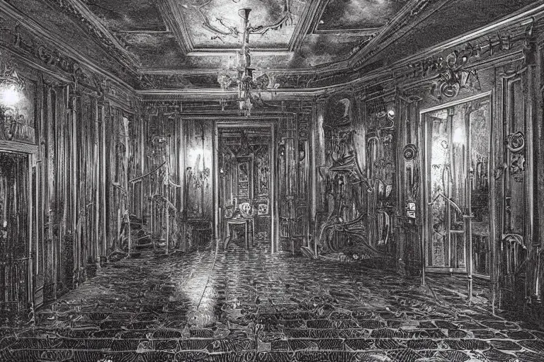 Image similar to full - color digital photo of the interior of a spooky elegant mansion at night. the interior architecture and layout are narrow, labyrinthine, illogical, surreal, bizarre, and complicated. there is a faintly - visible victorian ghost lurking. highly - detailed high - resolution photography.