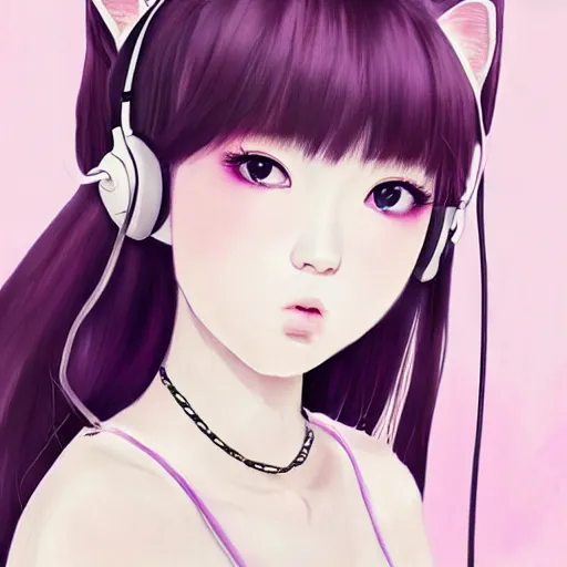 Image similar to realistic beautiful gorgeous natural cute Blackpink Lalisa Manoban pink hair cute fur pink cat ears, wearing white camisole summer outfit, headphones, black leather choker artwork drawn full HD 4K highest quality in artstyle by professional artists WLOP, Aztodio, Taejune Kim, Guweiz on Pixiv Artstation