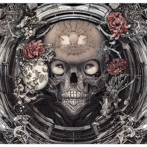 Prompt: portrait of memento mori, symmetrical, by yoichi hatakenaka, masamune shirow, josan gonzales and dan mumford, ayami kojima, takato yamamoto, barclay shaw, karol bak, yukito kishiro