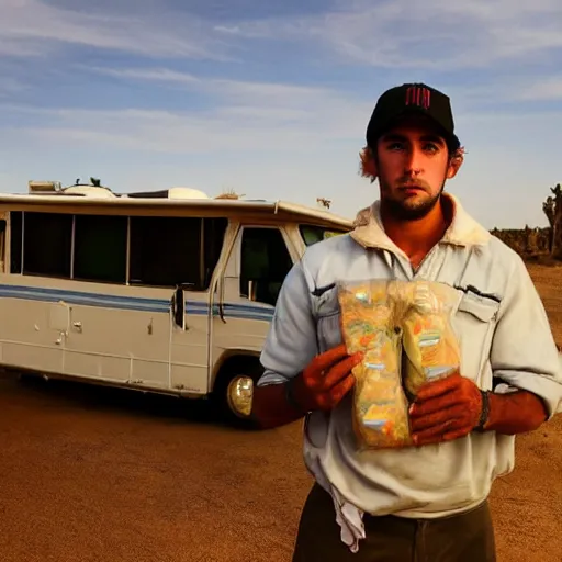 Image similar to argentinian trapper Duki holding a ziplock bag with baby blue meth, desert background, next to an rv, by stephen bliss, gta loading screen