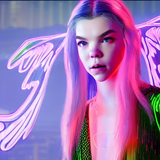 Image similar to neon fluorescent, iridescent older anya taylor - joy with fairy wings cyperpunk 2 0 7 7, unreal engine 5, 8 k ultra realistic, hyperdetailed, volumetric lighting, extremely high quality