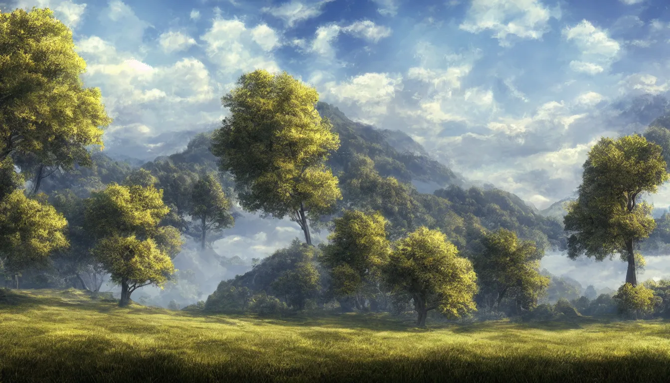 Image similar to Beautiful landscape with trees and hills in the distance, daylight and clear blue sky, trees blowing in the wind. digital art, very detailed, trending on artstation, 4K wallpaper