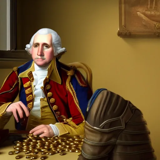 Image similar to a closeup photorealistic photograph of a happy George Washington inspecting small gold Doubloon coins at his home on Cherry Street. This 4K HD image is Trending on Artstation, featured on Behance, well-rendered, extra crisp, features intricate detail and the style of Unreal Engine.