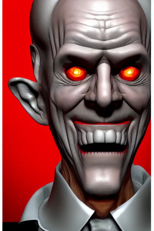 Prompt: 3 d model of a sinister man with a devious smile by brian bolland, rachel birkett, alex ross, and neal adams | portrait, character concept, concept art, unreal engine, finalrender, centered, deviantart, artgerm