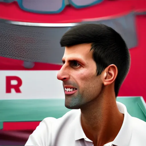 Image similar to novak djokovic as grubhub character, octane render, realistic texture, depth of field, rolleiplex tlr