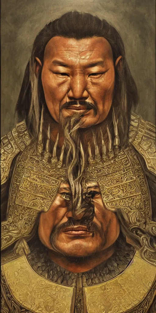 Prompt: a stunning and noble highly detailed portrait of genghis khan by h. r. giger, trending on artstation, oil painting masterpiece, symmetry, mysterious, very very very aesthetic