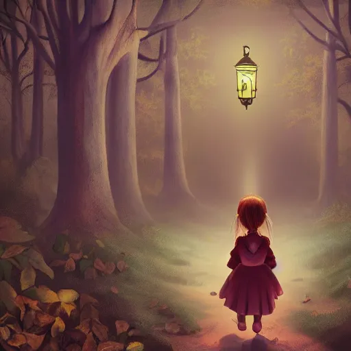 Image similar to in a dark forest, a small girl with a lantern finds a path leading to a strange castle.