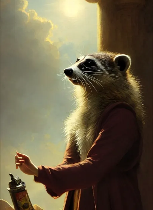 Image similar to a beautiful closeup shot from a marvel film of a anthropomorphic ferret wearing a loose tunic. an anthropomorphic raccoon. portrait. joseph ducreux, greg rutkowski.