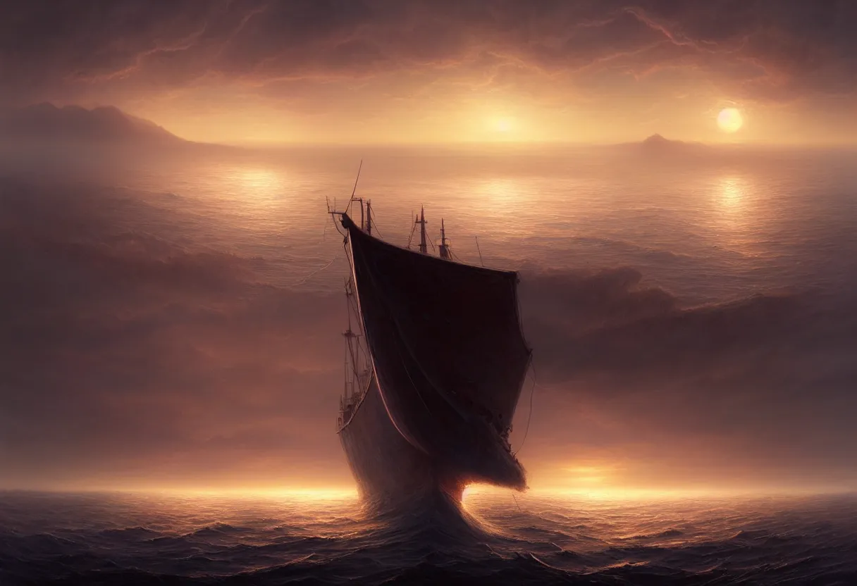 Image similar to strange sea surface of autumn planet at sunset, sailing ship on horizon, ultra high definition, ultra detailed, symmetry, fog, matte painting, by greg rutkowski and ross tran and wlop