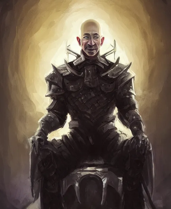 Prompt: a grimdark fantasy concept art portrait of jeff bezos sitting on a dark and evil throne