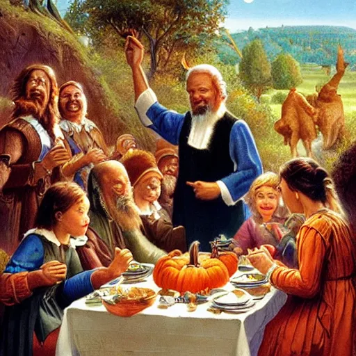 Image similar to the first Thanksgiving, Darrell K Sweet, artstation, digital art, johfra bosschartau