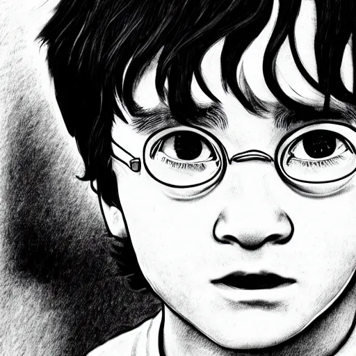 Image similar to a close up portrait of harry potter as a child, art station, highly detailed, concept art, sharp focus, illustration in pen and ink, wide angle, by Kentaro Miura