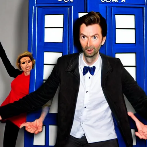 Image similar to closeup promotional image of an David Tennant as Doctor Who at a polka dance-off contest at the YMCA basketball gym, around the gym everyone is cheering, in the background the Tardis door is wide open to the interior, frenetic, quirky, movie still, promotional image, imax, 4K