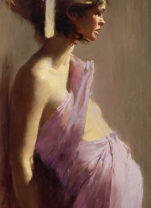 Image similar to painting of Aphrodite wearing a light purple sash over her shoulder, looking askance with a gentle sparkle in her eyes, by Jeremy Mann, detailed, stylized, loose brush strokes, bold colors, warm tones