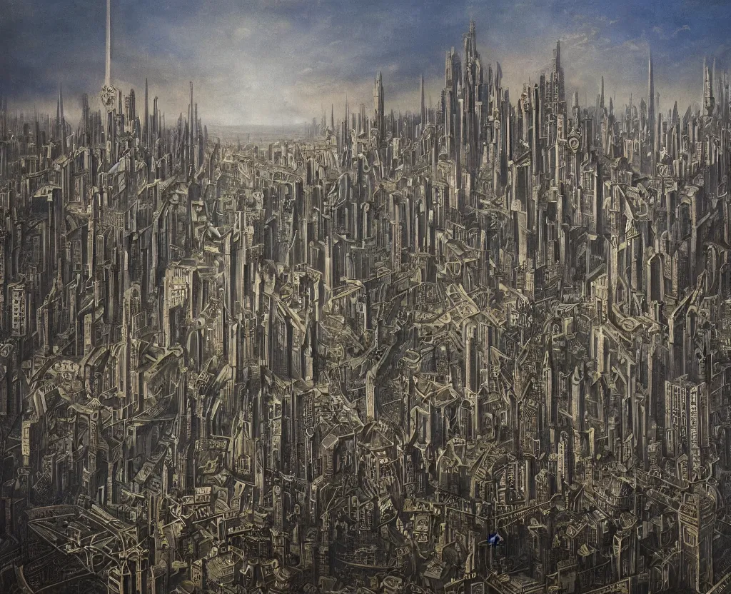 Image similar to a megalopolis in the style of Dystopian gothic surrealism painting