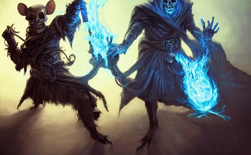 Image similar to portrait of a humanoid rat sorcerer with a rat skull for a head and holding a blue flame in each bony hand, laser eyes, dark hooded sorcerer robes, fantasy, d & d, greg rutkowski, frank frazetta, intricately detailed, impressive lighting, misty environment, power stance, ultimate power, doom, 8 k hdr